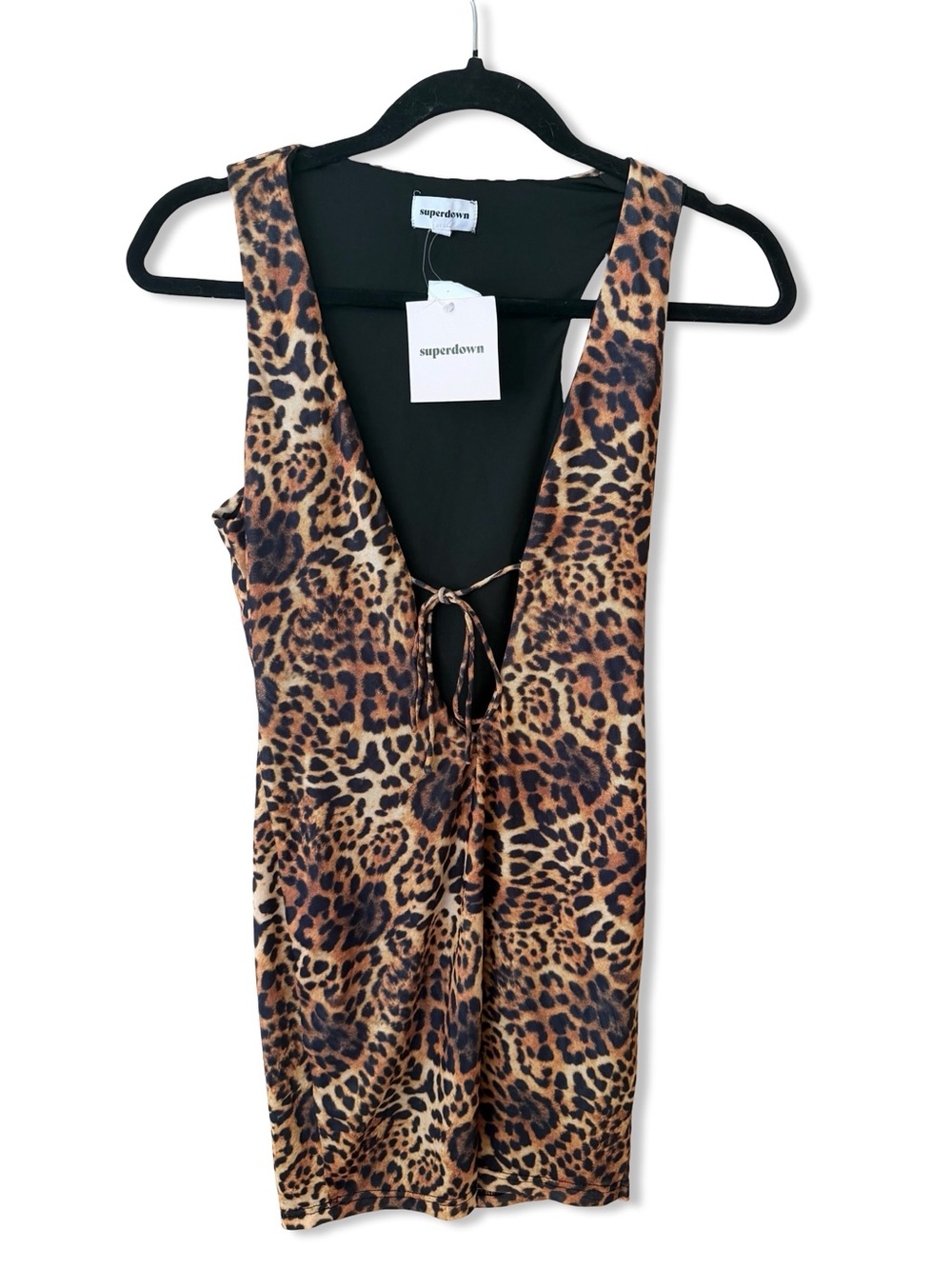 superdown Rupa Mini Dress Tan Leopard Print Tie-Front stretch Revolve S - Picture 2 of 7